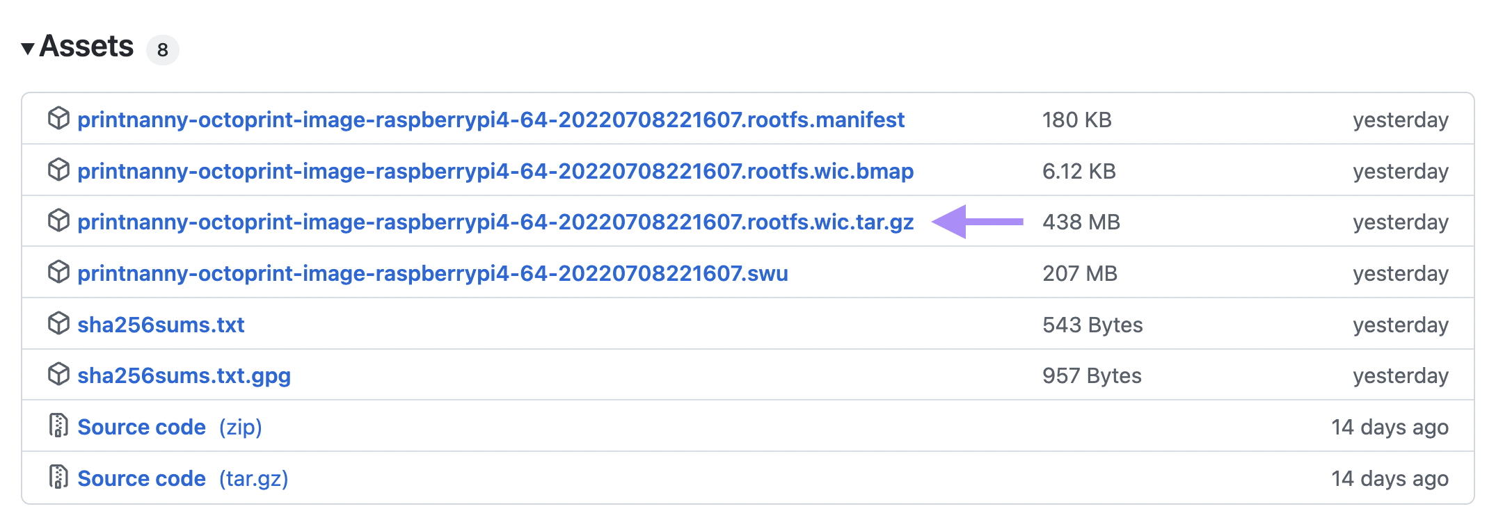 Arrow pointing to .wic.gz among other assets attached to Github release