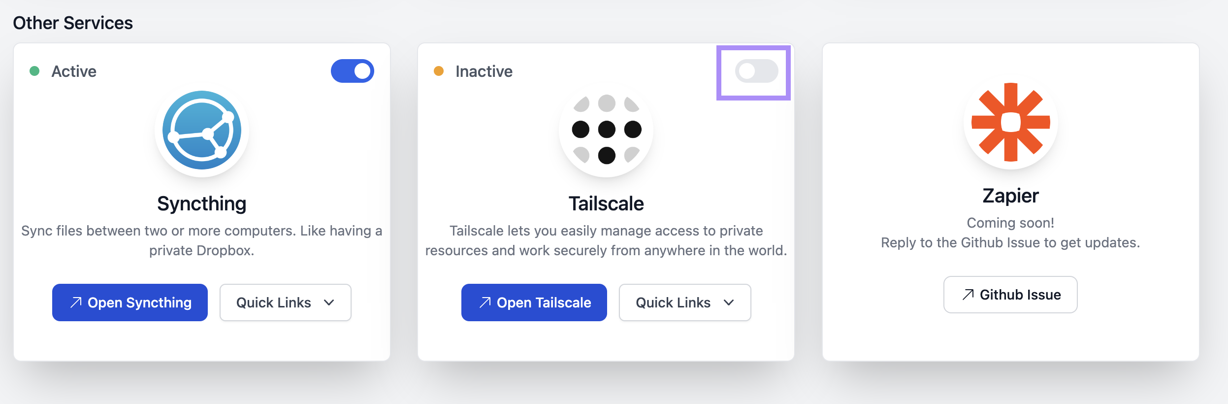 Scroll to the Other Services section and Enable Tailscale by clicking the switch-toggle.