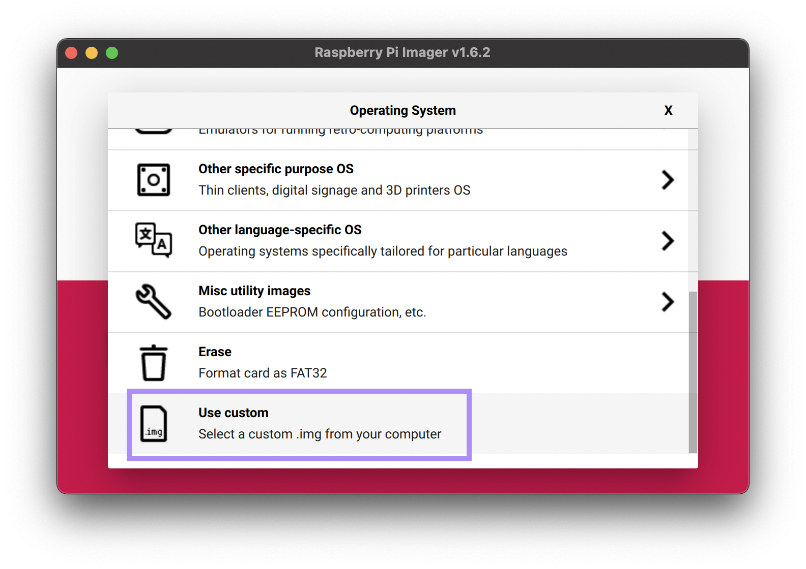 Selecting the custom menu in Raspberry Pi Imager